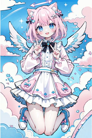 (masterpiece, best quality, highres:1.3), ultra resolution image, (1girl), (solo), kawaii, pink hair, cat, blue, outfit, rainbows, clouds, peace sign, smile, jump, halo, cotton candy, dreamy, happy, angel wings