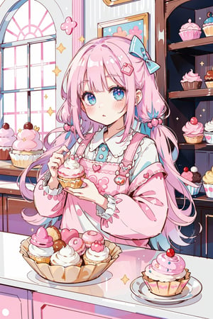 (masterpiece,  best quality,  highres:1.3), ultra resolution image,  (1girl),  (solo),  kawaii, pink hair, blue, (sweet charm:1.4),  pies,  fresh baked bread, macarons, wooden shelves with cupcakes, bakery, shop, scenery, soft, cozy, glitter,Kanna Kamui, 