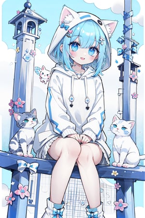 (masterpiece, best quality, highres:1.3), ultra resolution image, (1girl), (solo), kawaii, accessories, gleaming blue hair, (white kitty hoodie:1.5), cat themed, ears on hood, unique, (cute background:1.5), pastel shades, fluffy clouds, (relaxed atmosphere:1.3), soft, minimalistic style, (focus on character:1.4), adorable, dreamy, cat tower, magical, colorful, smile, happy