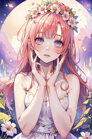 (masterpiece, best quality, highres:1.3), ultra resolution image, (1girl), (solo), kawaii, radiant red hair, mystery, petals on cheeks, dreamlike, soft, pastel, (reality and fantasy:1.4), vivid color, serenity, twilight, garden, fireflies, innocent, graceful, scenery, blooming poppy, tears, peaceful, (white flower crown:1.3)
