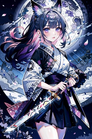(masterpiece, best quality, highres:1.3), ultra resolution image, (1girl), (solo), kawaii, twilight hair, moonlight, clutching katana (blade gleaming under the moonlight:1.4), swift rust, leaves, magical, (serene background:1.3), butterflies, cherry blossom, fierce, determined eyes, vivid color, spectral moon, mysterious, faint mist, water surface, silver lighting, eyes glittering