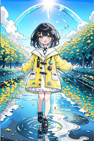 (masterpiece, best quality, highres:1.3), ultra resolution image, (1girl), (solo), kawaii, accessories, black hair, yellow raincoat, rainbows over head, fluffy, blue sky, soft, (cute background:1.2) joyful, happy, water reflections, water droplets, walking on water, beautiful light, sunlight, childlike, (focus on charater:1.3)