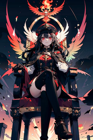 (masterpiece, best quality, highres:1.3), ultra resolution image, (1girl), (solo), kawaii, black hair, long hair, red eyes, captain hat, leader outfit, cape, glove, fierce, smug, confident, fantasy, throne, cross legged, guards, red carpet, phoenix flame, scenery, heroic conquest, majestic, ancient,r1ge, magical realm, mythical, endless sky, grave sword, cold hearted eyes