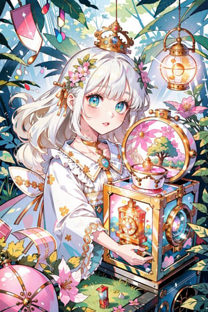 (masterpiece, best quality, highres:1.3), ultra resolution image, (1girl), (solo), kawaii, white hair, fluffy clouds, sweet, stuffed animal, tree house, lantern softly glowing, fantasy, dreamy, joyful energy, gentle, dreamy, cozy, charm of childhood, (nature music box:1.5), tiny flower crown, delight, innocent, liveliness, nature accessories, garden, gentle breeze