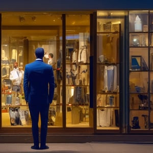  a full body guy looking at his reflection in shop window at night 