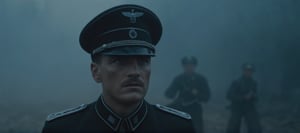 A  German SS officer stands tall in a dimly lit, dark chaos of war raging outside, his face etched with determination, surrounded mist ,and horror