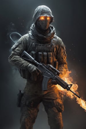 Ghost from the game call of duty, Half body, ethereal burning soldier , ak 47, luminous aesthetic fire blasts, creepy,hell bioluminescence, Mysterious