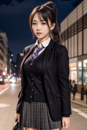 masterpiece,best quality,realistic light,(professional photo), 1girl,idol,large breasts,standing,full body,dynamic pose,bokeh,street,night,1girl,higuchi kaede, 1girl, solo, long hair, mole under eye, purple eyes, ponytail, white bow, hair bow, blazer, purple necktie, hairclip, open clothes, cardigan, school uniform, grey hair, black jacket, collared shirt, plaid skirt, long sleeves, grey skirt,mole under eye