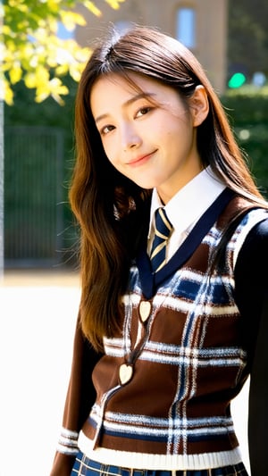 //Photo of,
1girl, solo, a 20 year old girl in School uniforms for British students
//Camera style,
centered shot, from behind, face and waist,  look down,
long brown hair,
//Body,
Oxford University Campus, masterpiece, smile, cold
