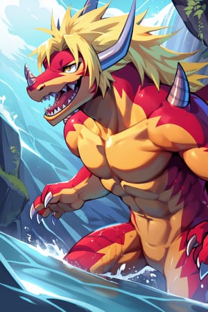 1boy, male focus, horns, , solo, furry, sharp teeth, furry male, teeth, open mouth,  blonde hair, closed eyes, smile,spikes, muscular, fangs

horns, dragon, yellow eyes, open mouth, no humans, solo, water, claws, teeth, sharp teeth, 1boy, tail,
Cute illustration style

(completely naked, no armor)