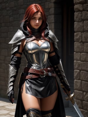 a 16-year-old master assassin inspired by Assassin's Creed. She is adorned in a sleek black outfit covered in shiny metallic armor. Her armor set consists of metal bracers, shoulder pads, chest plates, shin guards, and boots, all meticulously polished to a spectacular shine. Her belt, made of fine leather, cinches her waist and has a finely finished sheath attached. Inside this sheath rests a highly valued sword, distinguished by its golden decorations. The entire armor set is constructed from Damascus steel and features intricate overlapping leaf patterns. She is a very pretty girl, with beautiful attributes, she is a charming young woman, she is a 16-year-old Latin girl who looks as beautiful as she is dangerous. She is wearing the hood of her outfit, which adds a touch of intrigue to her presence. She can see under her hood her red hair that looks great with her brown eyes