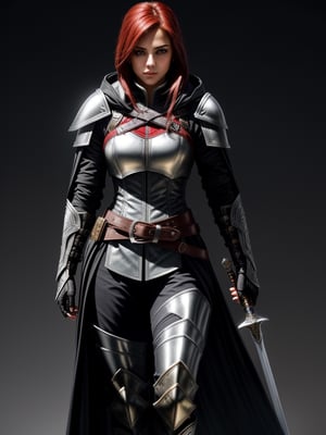 a 16-year-old master assassin inspired by Assassin's Creed. She is adorned in a sleek black outfit covered in shiny metallic armor. Her armor set consists of metal bracers, shoulder pads, chest plates, shin guards, and boots, all meticulously polished to a spectacular shine. Her belt, made of fine leather, cinches her waist and has a finely finished sheath attached. Inside this sheath rests a highly valued sword, distinguished by its golden decorations. The entire armor set is constructed from Damascus steel and features intricate overlapping leaf patterns. She is a very pretty girl, with beautiful attributes, she is a charming young woman, she is a 16-year-old Latin girl who looks as beautiful as she is dangerous. She is wearing the hood of her outfit, which adds a touch of intrigue to her presence. She can see under her hood her red hair that looks great with her brown eyes