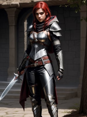 a 16-year-old master assassin inspired by Assassin's Creed. She is adorned in a sleek black outfit covered in shiny metallic armor. Her armor set consists of metal bracers, shoulder pads, chest plates, shin guards, and boots, all meticulously polished to a spectacular shine. Her belt, made of fine leather, cinches her waist and has a finely finished sheath attached. Inside this sheath rests a highly valued sword, distinguished by its golden decorations. The entire armor set is constructed from Damascus steel and features intricate overlapping leaf patterns. She is a very pretty girl, with beautiful attributes, she is a charming young woman, she is a 16-year-old Latin girl who looks as beautiful as she is dangerous. She is wearing the hood of her outfit, which adds a touch of intrigue to her presence. She can see under her hood her red hair that looks great with her brown eyes