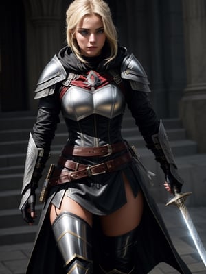 a 16-year-old master assassin inspired by Assassin's Creed. She is adorned in a sleek black outfit covered in shiny metallic armor. Her armor set consists of metal bracers, shoulder pads, chest plates, shin guards, and boots, all meticulously polished to a spectacular shine. Her belt, made of fine leather, cinches her waist and has a finely finished sheath attached. Inside this sheath rests a highly valued sword, distinguished by its golden decorations. The entire armor set is constructed from Damascus steel and features intricate overlapping leaf patterns. She is a very pretty girl, with beautiful attributes, she is a charming young woman, she is a 16-year-old Latin girl who looks as beautiful as she is dangerous. She is wearing the hood of her outfit, which adds a touch of intrigue to her presence. She can see under her hood her blonde hair that looks great with her blue eyes