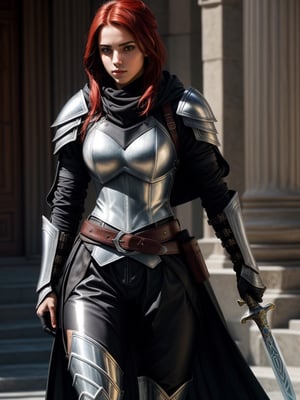 a 16-year-old master assassin inspired by Assassin's Creed. She is adorned in a sleek black outfit covered in shiny metallic armor. Her armor set consists of metal bracers, shoulder pads, chest plates, shin guards, and boots, all meticulously polished to a spectacular shine. Her belt, made of fine leather, cinches her waist and has a finely finished sheath attached. Inside this sheath rests a highly valued sword, distinguished by its golden decorations. The entire armor set is constructed from Damascus steel and features intricate overlapping leaf patterns. She is a very pretty girl, with beautiful attributes, she is a charming young woman, she is a 16-year-old Latin girl who looks as beautiful as she is dangerous. She is wearing the hood of her outfit, which adds a touch of intrigue to her presence. She can see under her hood her red hair that looks great with her brown eyes