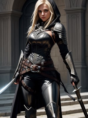 a 16-year-old master assassin inspired by Assassin's Creed. She is adorned in a sleek black outfit covered in shiny metallic armor. Her armor set consists of metal bracers, shoulder pads, chest plates, shin guards, and boots, all meticulously polished to a spectacular shine. Her belt, made of fine leather, cinches her waist and has a finely finished sheath attached. Inside this sheath rests a highly valued sword, distinguished by its golden decorations. The entire armor set is constructed from Damascus steel and features intricate overlapping leaf patterns. She is a very pretty girl, with beautiful attributes, she is a charming young woman, she is a 16-year-old Latin girl who looks as beautiful as she is dangerous. She is wearing the hood of her outfit, which adds a touch of intrigue to her presence. She can see under her hood her blonde hair that looks great with her blue eyes