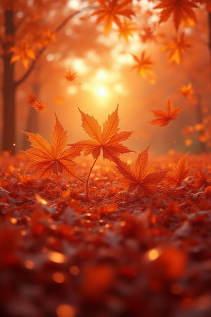 Against a warm, golden-hued sky, a sea of orange and red maple leaves stretches out before us, their delicate forms intricately framed within a subtle play of light and shadow. The atmosphere is dream-like, with infinite possibilities unfolding in the digital world. In ultra-high definition, every complex detail is rendered with crystal clarity, as if captured through an ultra-wide-angle lens on a 16K resolution camera.