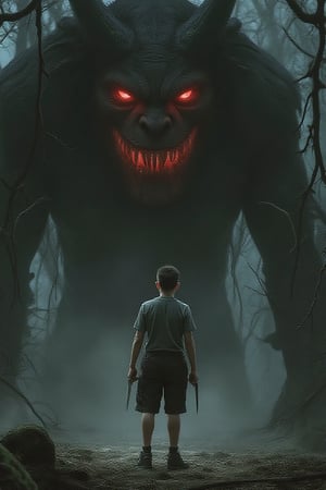 Prompt: A medium-sized boy, dressed in a short-sleeved shirt and shorts, stands confidently in front of a towering demon-like creature, its face aglow with fiery red light and razor-sharp teeth. The boy's neatly cut hair and black shoes create a striking contrast against (((the dark, misty forest backdrop))). He holds two knives at the ready, his eyes fixed intently on the creature as it looms before him.