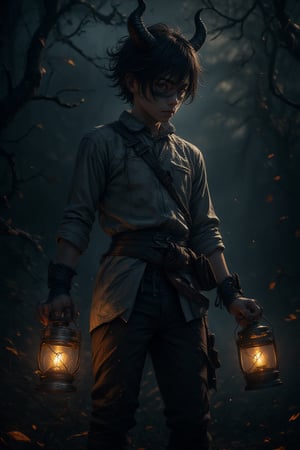 A mysterious young warrior stands tall at eye-level, gazing rightward. Dressed in a gray shirt and dark pants, his short brown hair adds warmth to the somber atmosphere. His face, smudged with black paint, serves as a striking focal point amidst the darkness. The addition of black horns atop his head amplifies the dramatic effect. As he holds lanterns in each hand, the soft yellow glow illuminates his serious expression. Against the inky backdrop, this enigmatic figure stands out like a beacon, drawing the viewer's attention to the mystical world he inhabits.