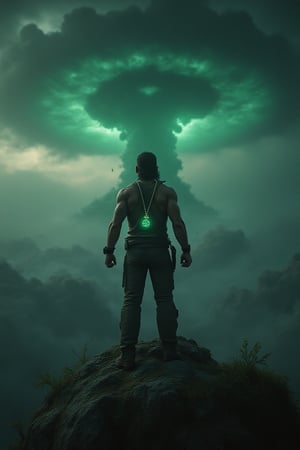 A dramatic shot of Nathan Drake, aka Uncharted's protagonist, stands heroically on a rocky cliffside, gazing up at a apocalyptic sky. Dark grey clouds swirl with an eerie green glow as a nuclear bomb hurtles towards the earth. The Lucky Clover pendant on his necklace glows softly in contrast to the impending doom. Framed by a majestic EpicSky, Nathan's determined expression radiates courage and defiance.