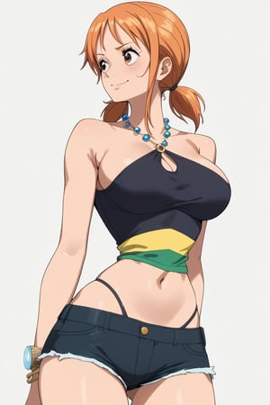 score_9, score_8_up, score_7_up, score_6_up, score_5_up, score_4_up, BREAK, source_anime,,nami-v1,twintails,midriff,shorts, large breasts, sexy, lewd, nsfw,seducing viewer, butt_cheeks, from behind,buttocks,light smile, scantily_clad shorts,