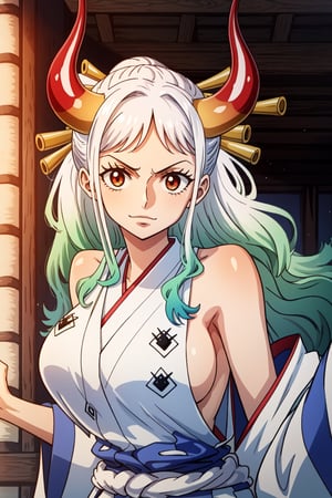 (masterpiece), yamato one piece, seducing viewer, large breasts, sleeveless white kimono, curled horns, lewd pose, seductive_pose, sideboobs,yamato\(one piece\),multicolored hair,YamatoV2,white hair,yamato,One piece style,green hair, oni horn, oni horn ,colored horn,long hair,red eyes