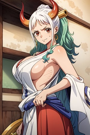 (masterpiece), yamato one piece, seducing viewer, large breasts, sleeveless white kimono, curled horns, iron club in hand, red hakama, lewd pose, seductive_pose, sideboobs,yamato\(one piece\),multicolored hair,YamatoV2,white hair,yamato,One piece style,green hair, oni horn, oni horn ,colored horn,long hair,red eyes