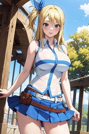 masterpiece, best quality, highres, lucy heartfilia, blonde hair, long hair, large breasts, white shirt, sleeveless, belt, blue skirt, , cowboy shot, standing, looking at viewer, outdoors,lucy heartfilia,large breasts, lewd angle,belt, transparent_clothing,