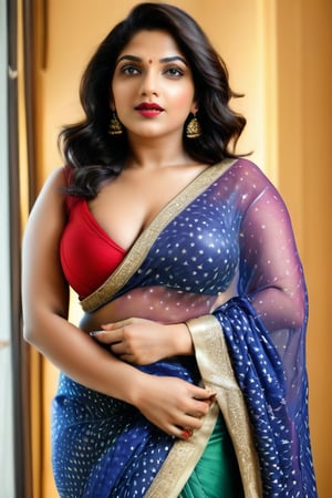 Full portrait of beautiful Indian woman in saree, glamorous makeup, vibrant red lips, naked, beautiful equal eyes, elegant pose, ultra realistic skin, natural lighting, looking at camera , exposed_pussy, cunt,,more detail XL, elegant pose, Indian lots of jewellery on waist,chubby, navel, cleavage cutout