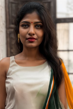 Full portrait of beautiful Indian woman in plain white colour proper sleeveless kurti, ((Indian tricolour saffron, white, green dupatta)) , glamorous bold makeup, vibrant red lips, beautiful black eyes, elegant pose, ultra realistic, 8k, realistic, natural lighting, looking at camera ,hyper detail,Praval,photorealistic, housewife, bright white skin,salwar,wearing wrenchpjbss, <your_color> dress, happy,, close up photo , ((closed_mouth))