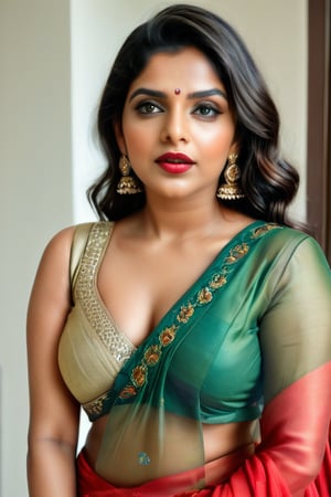 Full portrait of beautiful Indian woman in saree, glamorous makeup, vibrant red lips, naked, beautiful equal eyes, elegant pose, ultra realistic skin, natural lighting, looking at camera , exposed_pussy, cunt,,more detail XL, elegant pose, Indian lots of jewellery on waist,chubby, navel, cleavage cutout,braids