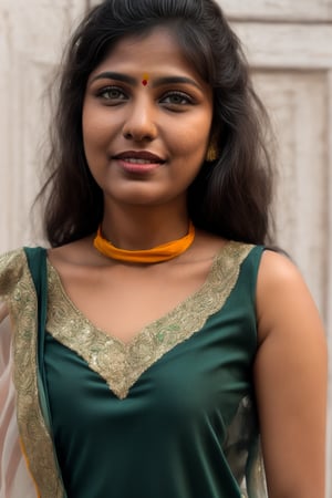 Full portrait of beautiful Indian woman in plain white colour proper sleeveless kurti, ((Indian tricolour saffron, white, green dupatta)) , glamorous bold makeup, vibrant red detailed lips, beautiful eyes, elegant pose, ultra realistic, 8k, realistic, natural lighting, looking at camera ,hyper detail,Praval,photorealistic, housewife, bright white skin,salwar,wearing wrenchpjbss, <your_color> dress, happy,, close up photo 