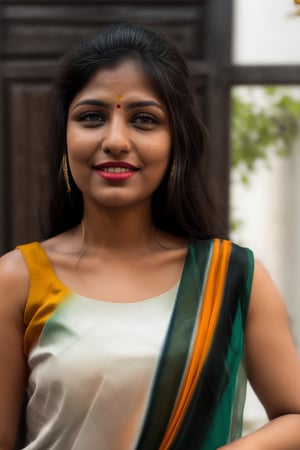 Full portrait of beautiful Indian woman in plain white colour proper sleeveless kurti, ((Indian tricolour saffron, white, green dupatta)) , glamorous bold makeup, vibrant red lips, beautiful black eyes, elegant pose, ultra realistic, 8k, realistic, natural lighting, looking at camera ,hyper detail,Praval,photorealistic, housewife, bright white skin,salwar,wearing wrenchpjbss, <your_color> dress, happy,, close up photo 