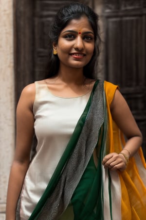 Full portrait of beautiful Indian woman in plain white colour proper sleeveless kurti, ((Indian tricolour saffron, white, green dupatta)) , glamorous bold makeup, vibrant red lips, beautiful black eyes, elegant pose, ultra realistic, 8k, realistic, natural lighting, looking at camera ,hyper detail,Praval,photorealistic, housewife, bright white skin,salwar,wearing wrenchpjbss, <your_color> dress, happy,, close up photo 