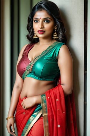 Full portrait of beautiful Indian woman in saree, glamorous makeup, vibrant red lips, naked, beautiful equal eyes, elegant pose, ultra realistic skin, natural lighting, looking at camera , exposed_pussy, cunt,,more detail XL, elegant pose, Indian lots of jewellery on waist,chubby, navel, cleavage cutout,braided_hair, full_body 