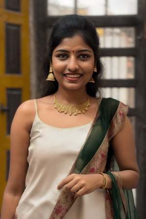 Full portrait of beautiful Indian woman in white colour kurti, tricolour dupatta , glamorous bold makeup, vibrant red detailed lips, beautiful eyes, elegant pose, ultra realistic, 8k, realistic, cinematic lighting, looking at camera ,hyper detail ,smiley looks,Praval,photorealistic, housewife, bright white skin,salwar, embroidery,wearing wrenchpjbss, shoulder length hair , <your_color> dress