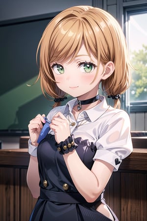 1girl, solo, long hair, looking at viewer, blush, smile, bangs, green eyes, shirt, dress, bow, twintails, closed mouth, collarbone, white shirt, upper body, green hair, braid, short sleeves, heart, choker, puffy sleeves, collared shirt, indoors, nail polish, black dress, twin braids, puffy short sleeves, wrist cuffs, hands up, low twintails, black choker, hair intakes, scrunchie, wrist scrunchie, chalkboard, heart choker,petite,nobara kugisaki,sitting girl