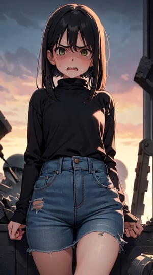 girl, only seen from the waist up, girl with torn clothes, angry face, about to hit, desperate, staring at you, face of disappointment, screaming, in the background everything destroyed, war background.,gotoh hitori