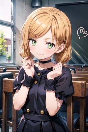 1girl, solo, long hair, looking at viewer, blush, smile, bangs, green eyes, shirt, dress, bow, twintails, closed mouth, collarbone, white shirt, upper body, green hair, braid, short sleeves, heart, choker, puffy sleeves, collared shirt, indoors, nail polish, black dress, twin braids, puffy short sleeves, wrist cuffs, hands up, low twintails, black choker, hair intakes, scrunchie, wrist scrunchie, chalkboard, heart choker,petite,nobara kugisaki,sitting girl