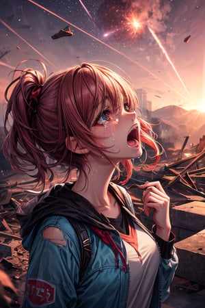 girl, screaming, looking at the sky, red sky, falling asteroids in the background, all around the destroyed place, torn clothes, tears in HD, in the sky a light of light blue color hope, girl looking at the sky
,HD,4K,FULLHD