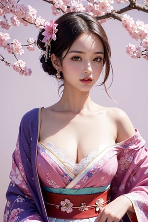 (masterpiece, top quality, best quality, official art, beautiful and aesthetic:1.2), (1girl), extreme detailed,(fractal art:1.3),colorful,highest detailed,ppcp,r1ge, sakura, cherry_blossoms, pink kimono,Animé, sakura, kimono, ((realistic)),looking at viewer, sexy,