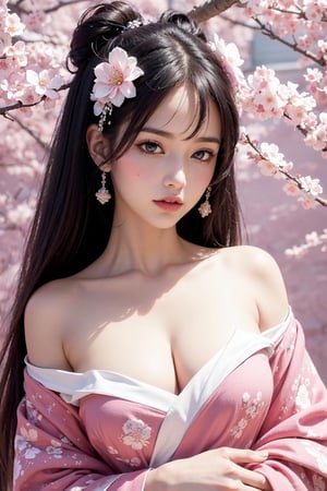 (masterpiece, top quality, best quality, official art, beautiful and aesthetic:1.2), (1girl), extreme detailed,(fractal art:1.3),colorful,highest detailed,ppcp,r1ge, sakura, cherry_blossoms, pink kimono,Animé, sakura, kimono, ((realistic)),looking at viewer, sexy, perfect eyes, bare shoulder,