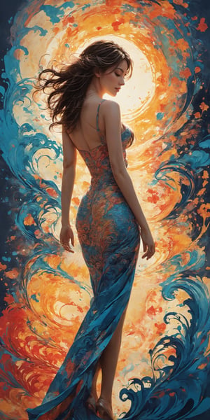 creative illustration of silhouette of a female body with amazing curves,Dancer fine art filigree, paper marbling! Oil splash!! Oil stained!!", intricate hyperdetailed fluid gouache illustration by Android Jones: By Ismail Inceoglu and Jean Baptiste mongue: James Jean: Erin Hanson: Dan Mumford: professional photography, natural lighting, volumetric lighting maximalist photoillustration 8k resolution concept art intricately detailed, complex, elegant, expansive, fantastical, ((waist up portrait)), (((looking at viewer))), eye contact, perfect face, perfect eyes, perfect lips, vibrant, detailed, best quality, slim body, sexy, beautiful hands, sexy dress, curvy_figure, curvy body, sexy bra and long skirt,