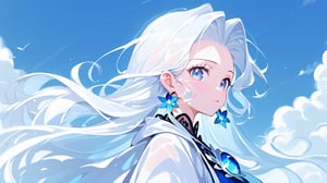 1 girl, side_view, looking_at_viewer, (UHQ, 8k, high resolution), big white clouds, light blue sky, very luminous, realistic, fluffy, soft, kawaiitech,Beautiful Eyes, concentrated