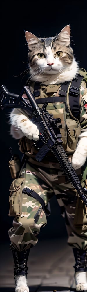 full body, masterpiece,best quality,ultra-detailed,photorealistic,realistic,photography,black_background,handheld weapons,assault rifle,cat,solo,