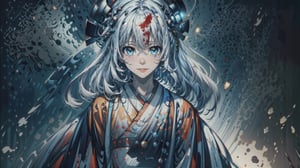(straight_shota), full body, (solo), white_hair, long_hair, long_traditional_japanese_clothes, Highly detailed, starry sky,bright clothes, jewelery, (masterpiece, best quality, highres:1.3), ultra resolution image, (solo), smile expression, crying_with_eyes_open, CryingBlood, blood,