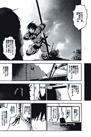 Manga panels of a main character using a sword in battle , sole_female, sword, b&w, monochome, manga panel, ,manga, sexy armour