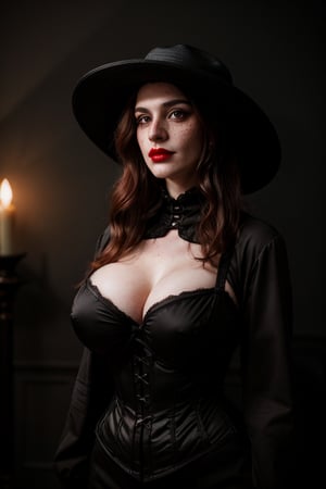 Lady Dimitrescu cosplay, goth, Extreme skin detail, Extreme realism, Bright camera flash,  full body aesthetic photo of a 40 year old cute curvy pale white pale skin Russian woman with veiny breast, (Stretch marks:1.2), (Wearing old style corset revealing massive cleavage:1.2) (tilted Black wide brim hat,:1.2), (Black colored hair:1.2), (Victorian castle room backdrop:1.1), brown lighting, Dirty filter, (Freckles:1.1), Analog, black eyeliner, cherry red lipstick, black eyeshadow, brightness on body, skin blemishes, brightness, Lo-fi, moody, dimly lit, Shiny portrait, graded tone, film grain,  BreastPit
