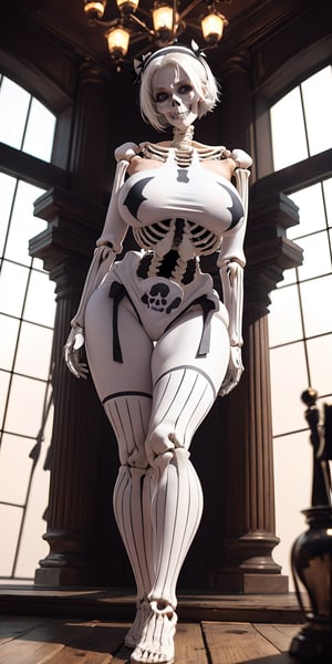 More Detail, Detailedface, Detailedeyes, ((1 girl, adorable, happy)), ((skeleton girl, skeleton shirt, skull)), (hairband, white hair, short hair, makeup), (large breasts, large ass, thick thighs, wide hips, abs, voloptuous),