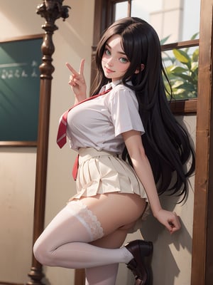 masterpiece, (high quality:1.1), More Detail, Detailedeyes, Detailedface, (1girl, long hair, hair between eyes, black hair, green eyes, curvy, large breasts, large ass, thick thighs, wide hips, plump, voluptuous), (school uniform, white shirt, red necktie, pleated skirt, black pantyhose, loafers), BREAK (A girl is leaning back on wall and standing on one leg, V sign, V, looking at viewer, seductive smile, blush, indoors)